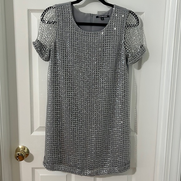 Gianni Bini Silver Sequin Mesh Mini Dress Size XS - Picture 1 of 6